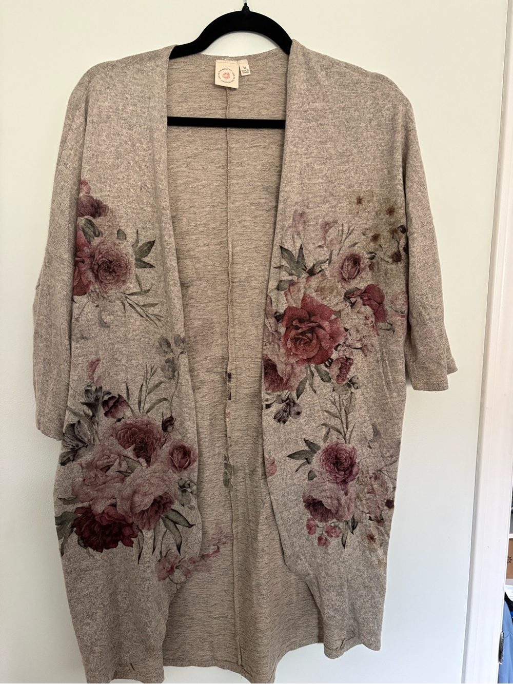 Floral Open-Front Cardigan - Beige with Rose Print